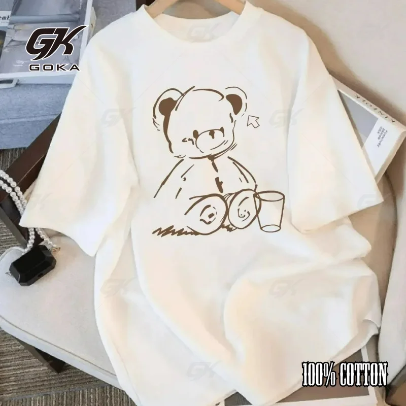 2026 Summer Tee Cute Teddy Bear Print Crew Neck Tops Women's Fit Short Sleeve Cartoon Fashion Coffee Cup Y2k Clothes Tops