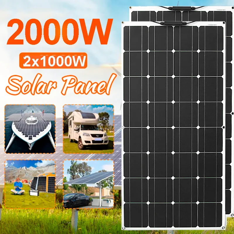 2000W1000W Solar Panel 18V High Efficiency Portable Power Bank Flexible Emergency Charging Outdoor Solar Cells For Home/Camping