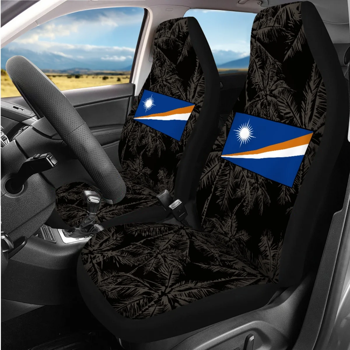 Auto Seat Cover Set Polynesia Tropical Tree Woman Car Accessories Marshall Island Seatbelt Steering Wheel Covers High Quality