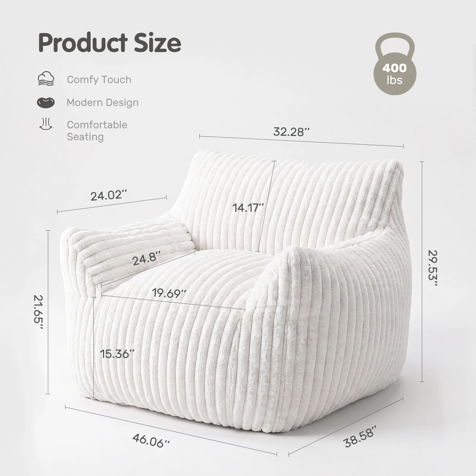 JHK Ergonomic Bean Bag Sofa with Memory Foam Filling For Living Room Modern Corduroy Plush Lounge Chair Comfy Sleeper Chair for Bedroom
