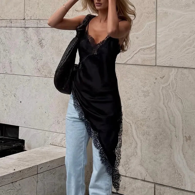 DSMTRC Summer Solid Sleeveless Asymmetry Dress Women's Sexy Lace Splicing Dresses Backless Slim Female Party Sling Mini Vestidos