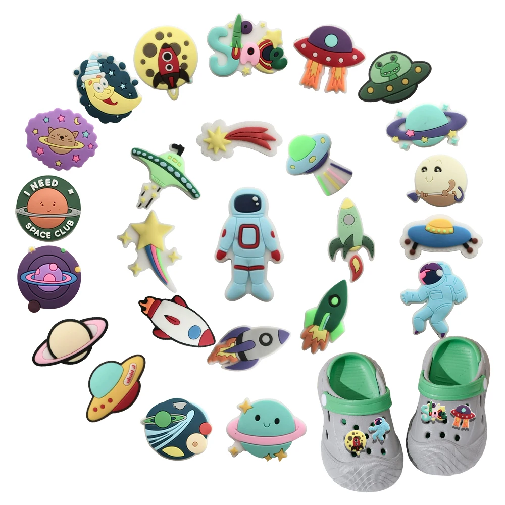 9-100PCS Outer Space Astronauts cartoon Mix Shoe Charms PVC Accessories Child Universe and space science For Party Xmas Gift