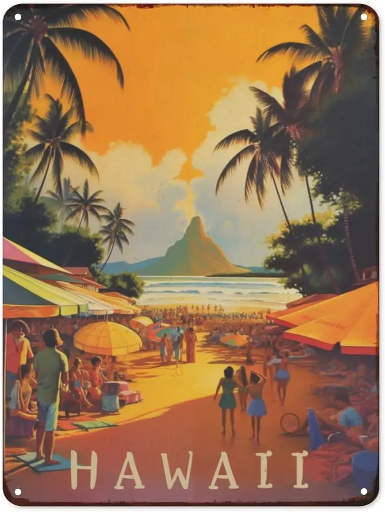 Vintage Tropical Scenery Metal Tin Signs Hawaii Beach Poster Signs Wall Art Decor Plaque for Home Bedroom Bar Club Cafe Bat sign