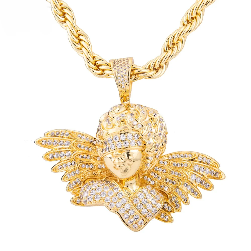 Iced Out Cuban Chain with Pendant Portrait Angel Wings Pendant Hip Hop Men's and Women's Pendant Gold-plated Zircon Necklace