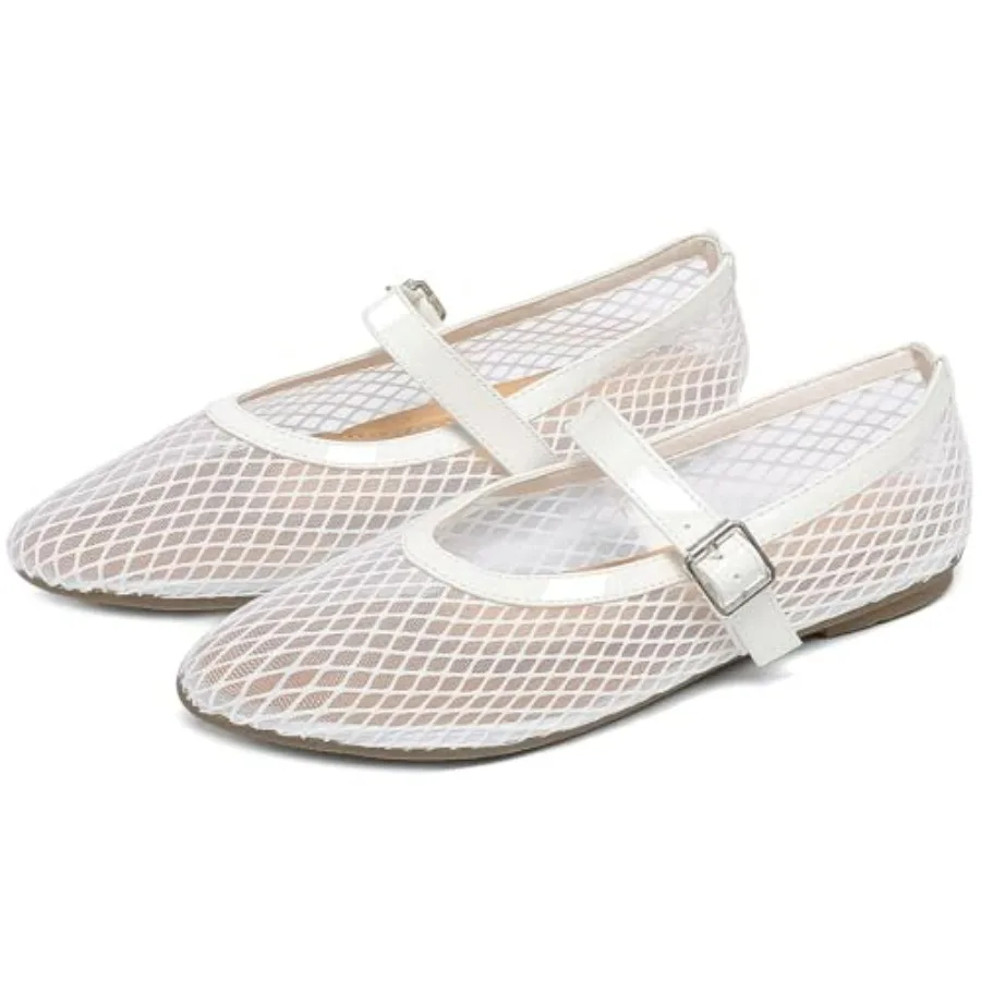 

Women's Mesh Ballet Flats Round Toe Fishnet Ballerina Flats Buckle Strap Mary Jane Ballet Flats for Parties or Casual Dress Sho
