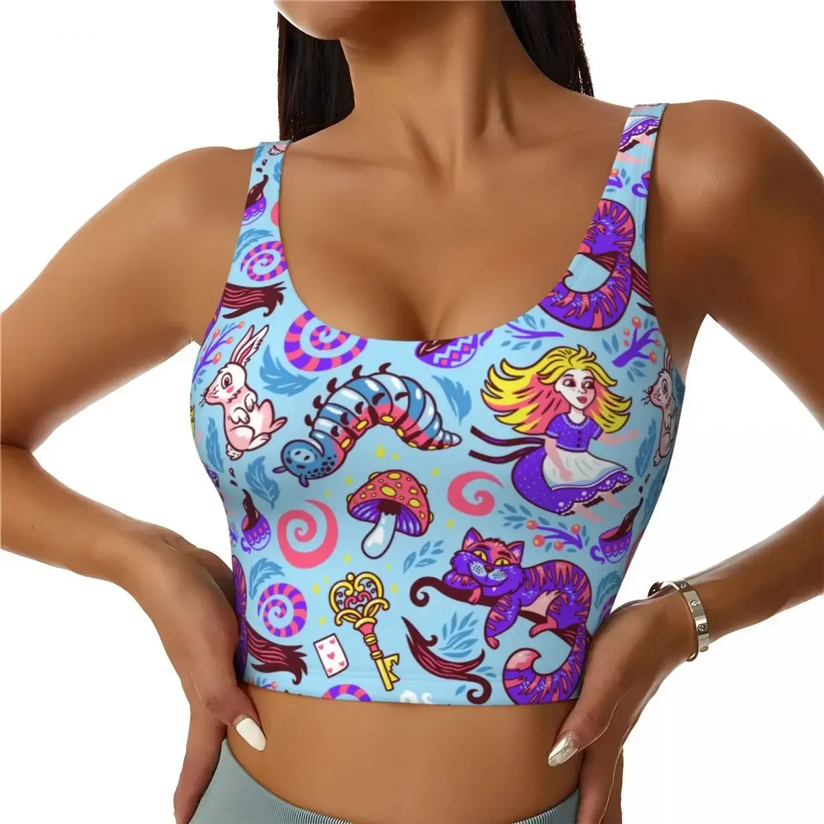 

Alice in Wonderland Workout Crop Tank Tops Women Cheshire Cat Running Yoga Sports Bras