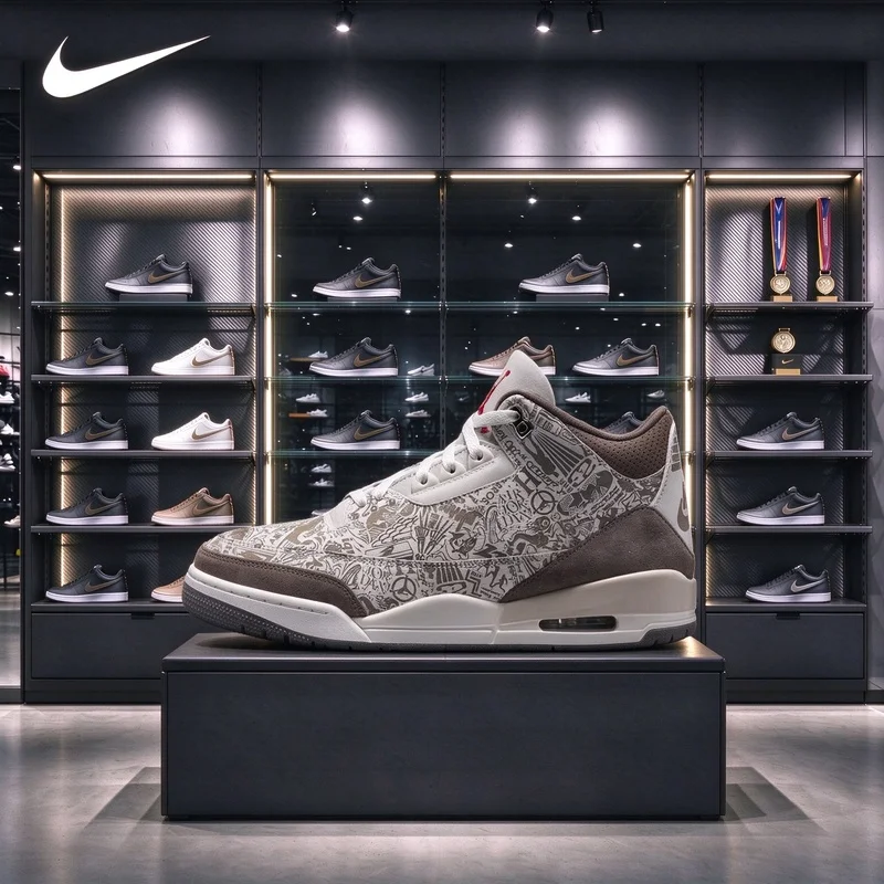Air Jordan 3 Men Basketball Sneakers, Classic Retro Shoes, Fashion Casual Skate Trainers Sail Mocha Allover Print JA1369-001