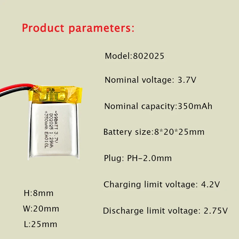 802025 3.7V 350mAh Bateria Lipo Litowo-Polimerowa Akumulator do MP3 MP4 Zabawek Słuchawek Bluetooth Głośników Myszy DVD GPS — zdjęcie produktu 5