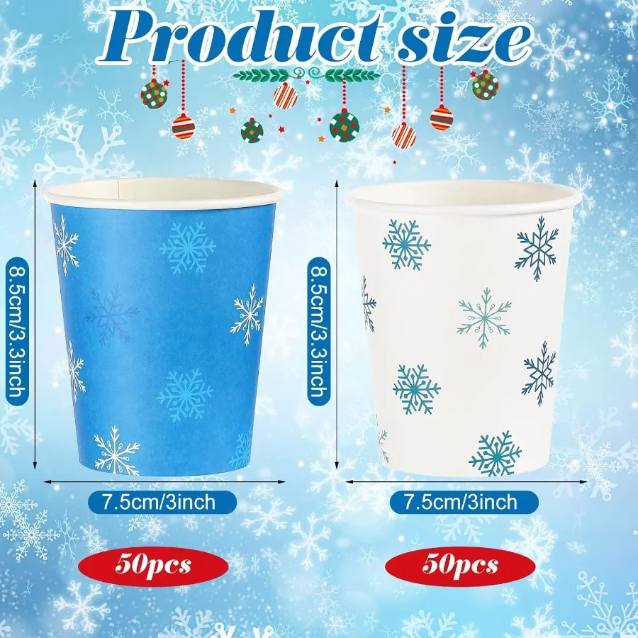 100 Pieces Christmas Paper Cups Xmas Disposable Coffee Snowflake Santa Snowman Elk Lights Cups 9 Ounce Drinking Tea Paper for D