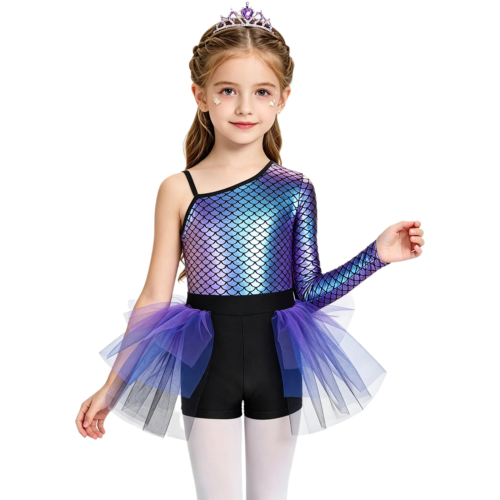 Children Girls Mermaid Jumpsuit Dress One Shoulder Metallic Shiny Fish Scale Bodice Tulle Ballet Dance Gymnastics Leotard Tutu