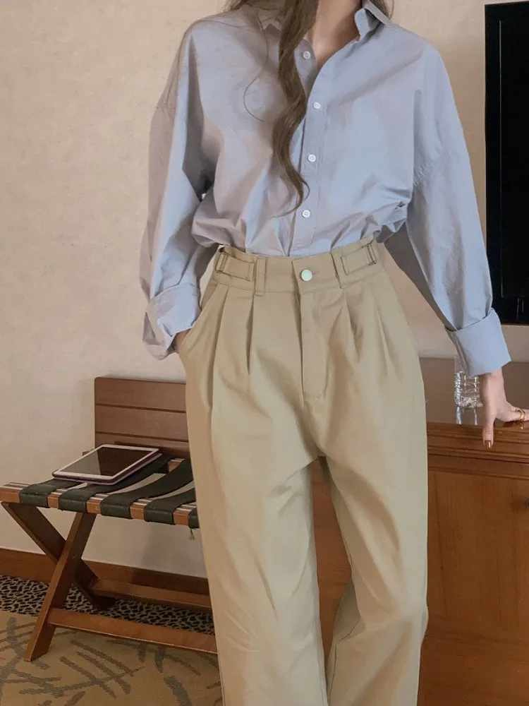 Women\'s Autumn Basics Cargo Pants High Waist Loose Straight Casual Trousers Full Length Korea Style 2023