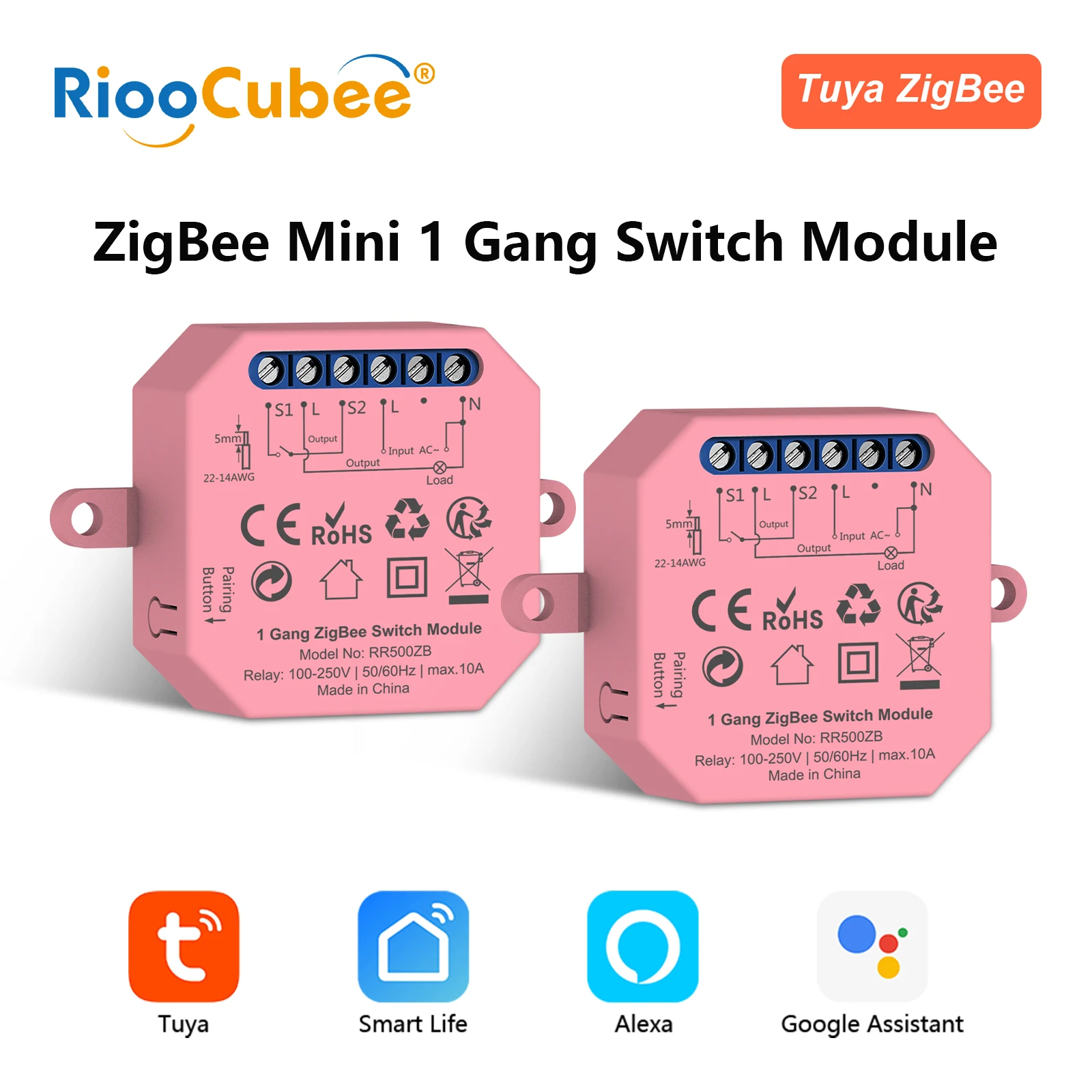 

Беспроводной двухканальный релейный модуль RiooCubee ZigBee Tuya Smart Life с дистанционным управлением, таймером и голосовым управлением (Google Home, Alexa)