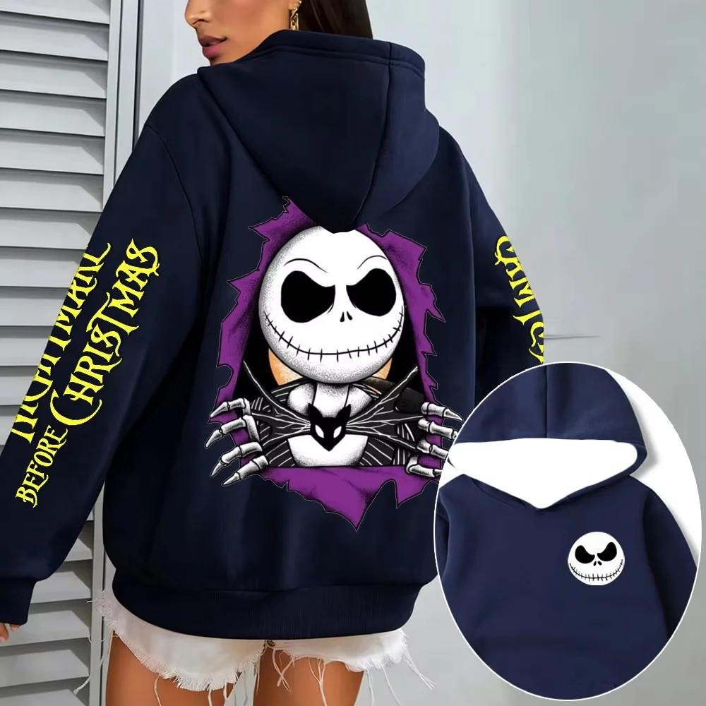 Anime Halloween and Christmas-themed Movie Pattern Skull Print Hooded Sweatshirt with Purple Edge, Torn 3D Effect Oversize Top