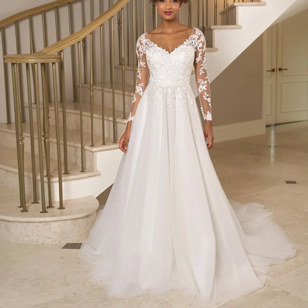 Robes de mariée personnalisées à manches longues, col en V, avec des appliques en dentelle, Illusion de longueur au sol, en Tulle