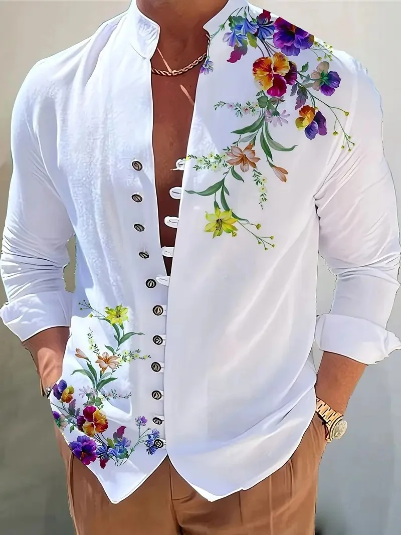 

New men's linen short-sleeved shirt, fashionable, retro style, ethnic totem print, comfortable and breathable,