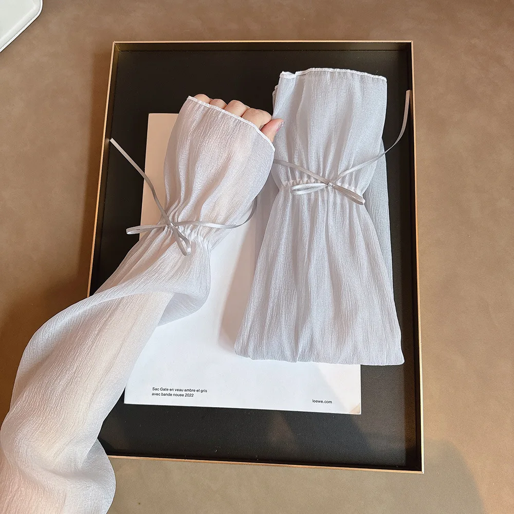 

2pcs/set Sun Protection Bow Gauze Sleeves Thin Fingerless Breathable Long Arm Sleeves Polyester Silk Ribbon