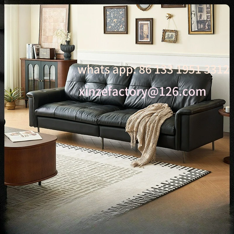

Customizable antique leather sofa first layer cowhide Nordic small apartment living room straight row buckle black Xinghai sofa