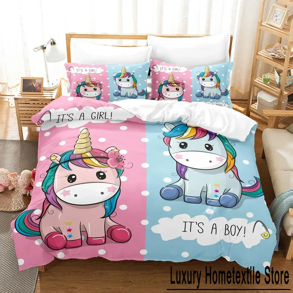 Cartoon Unicorn Cute Pink Blue Fairy Tale Animals Bedding Set Boys Girls Twin Queen Size Duvet Cover Pillowcase Bed Kids Adult