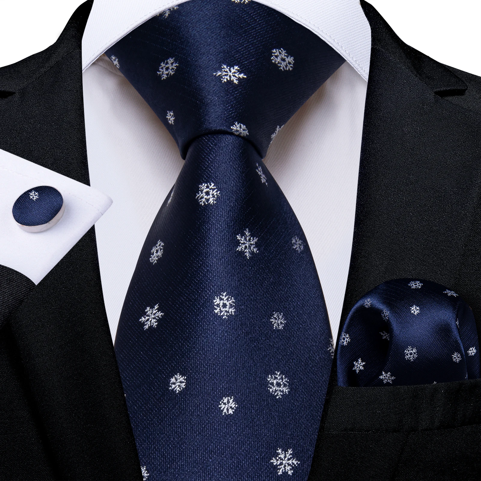 Luxe herenstropdas Kerststropdas Pochet Manchetknopen Set Sneeuwvlok Blauw voor Mannelijke Mannen Bruiloft Zakelijk Feestcadeau