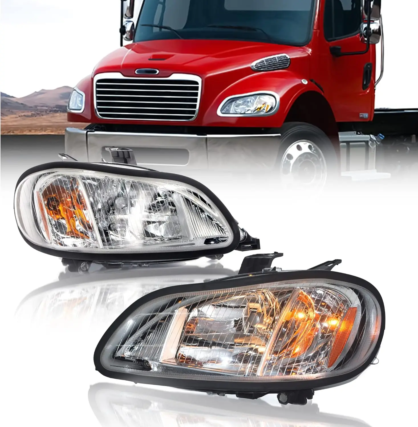 Pair of Headlight Assemblies with Bulbs for 2002-2018 M2 M-2 100 106 112 Semi Trucks, DOT SAE Approved, Left and Right Side Repl