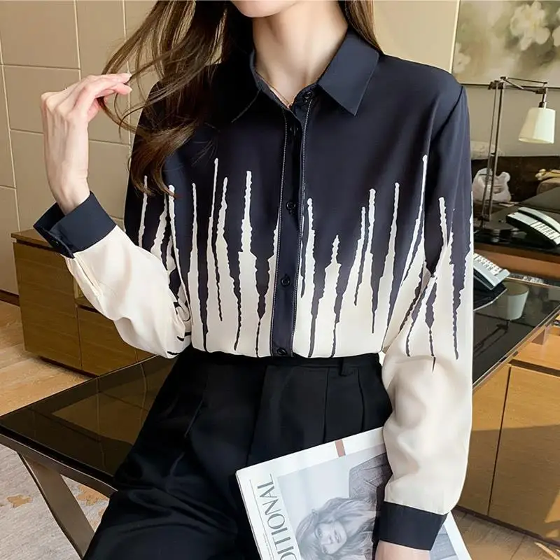 Vintage Printed Lapel Long Sleeve Button Oversized Chiffon Shirt 2022 Autumn New Casual Tops Loose Commute Women\'s Blouse