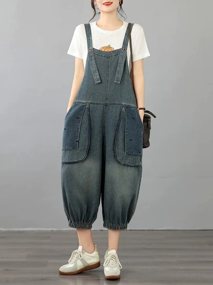 Summer New Overalls Plus Size Women Loose Slimming Big Pockets Embroidered Vintage Washed Light Denim Jumpsuit Retro Style