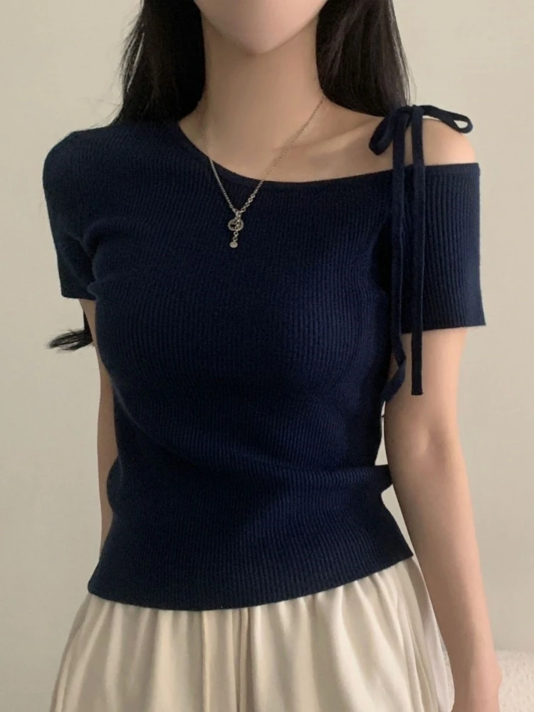 Korean Style Slant Collar Shoulder Bared Knot Short Sleeve Knitted T Shirt Women Summer New Design Slim Fit Sexy Top Polyeste...