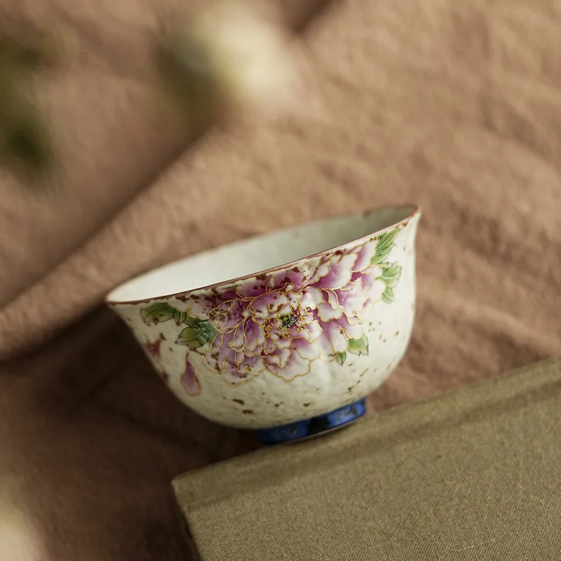 Retro Peony Ceramic Master Cup Blue White Iron Red Golden Thread Household Personal Exclusive Tea Tasting Home Table Decor Gift
