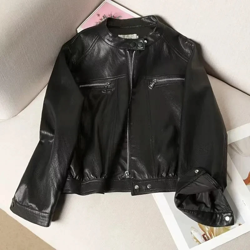 여성 의류 짧은 PU 가죽 재킷 여성 코트 봄 가을 신상 작은 디자인 스탠드업 칼라 재킷 트렌드