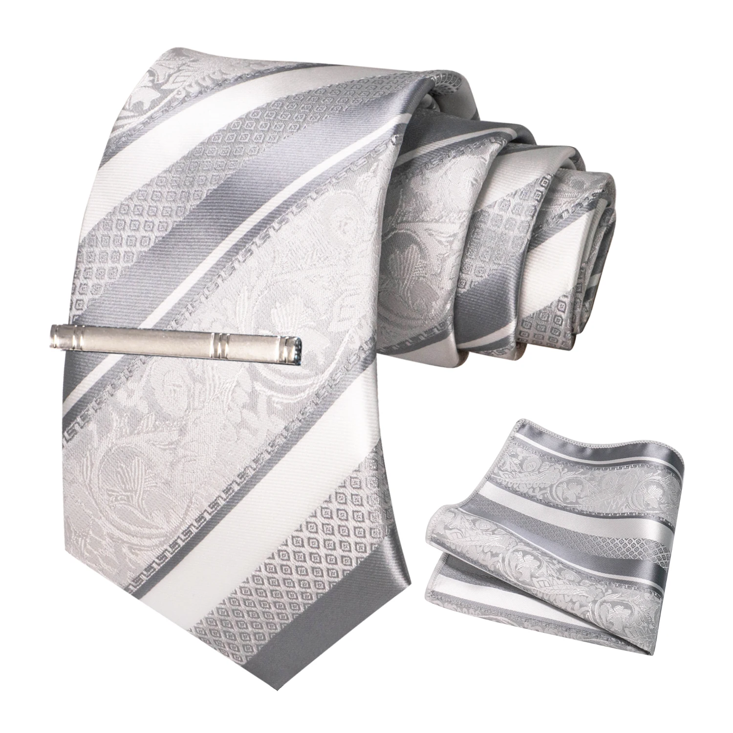 Klassische Herren-Krawatte mit Blumenmuster, 8 cm, Seidenkrawatten-Set, Einstecktuch, Krawattenklammer, Business-Anzubehör, Bräutigam-Hochzeitskrawatte – Detail 15
