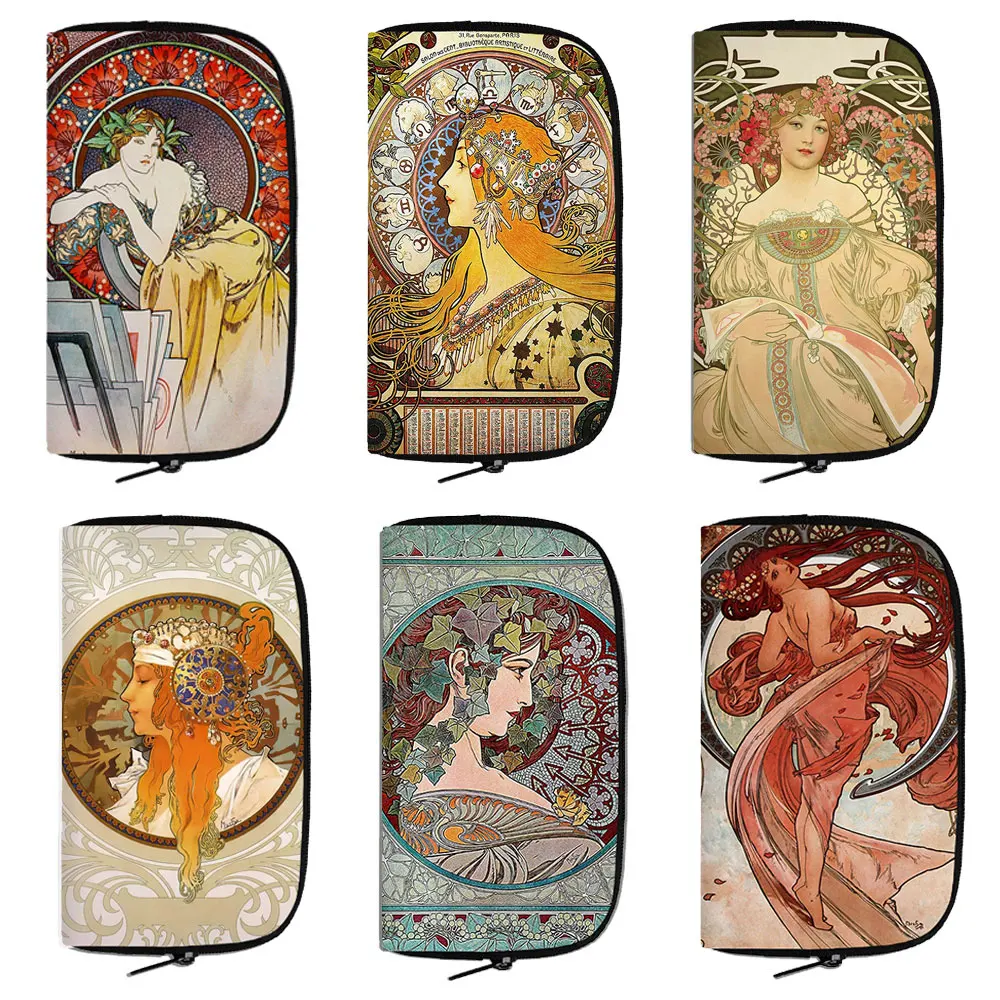 Portefeuille long imprimé par Alphonse Mucha pour femme, sac à main, carte de crédit, écouteur, support pour téléphone, bijoux, peinture à l\'huile