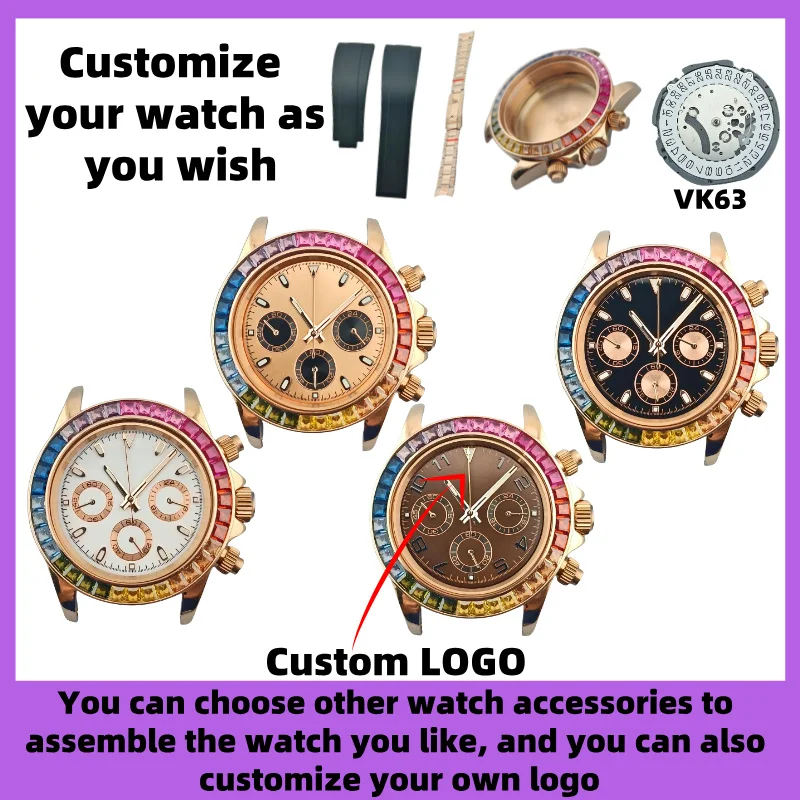 شعار مخصص 39.5 مللي متر الملونة الماس Lume كرونوغراف رجل ساعة ذهبية وردية تناسب VK سلسلة 63 ساعة يد تعمل بالحركة الكوارتز اكسسوارات