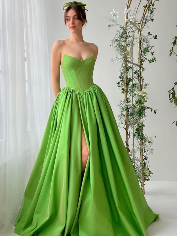 Customized High Quality Floor Length Sleeveless Wrinkle Zipper Girl High Fork Green Long Dress  Evening Dresses Vestido De Festa