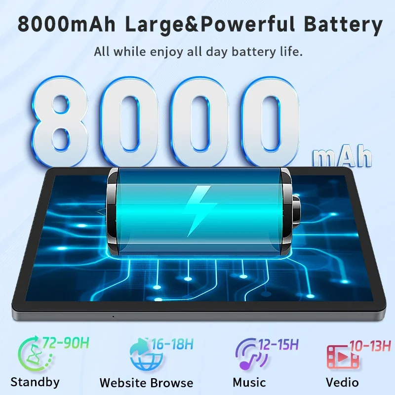 ANRY 10.95 بوصة Tableta Android 15 مع بطارية ذات سعة كبيرة 8000 مللي أمبير في الساعة، كاميرا T606 8 النواة 12 جيجابايت + 128 جيجابايت مزدوجة، وظيفة واي فاي مزدوجة النطاق