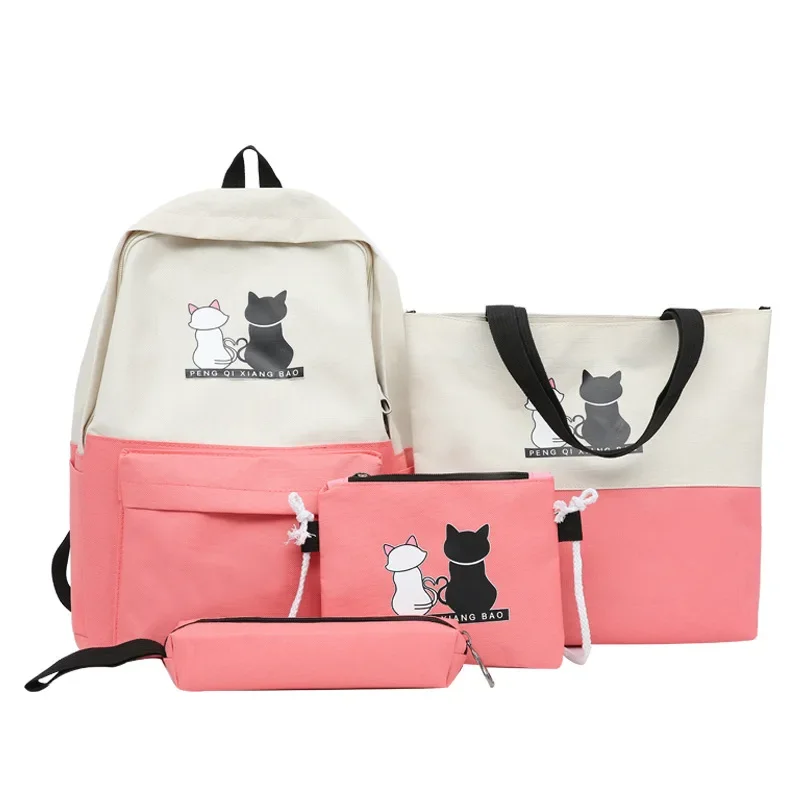 Cat Backpack 4Pcs Set for For Teenage Students SchoolBag Girls Back To School Supplies Waterproof Outdoor Bookbags Travel Bag