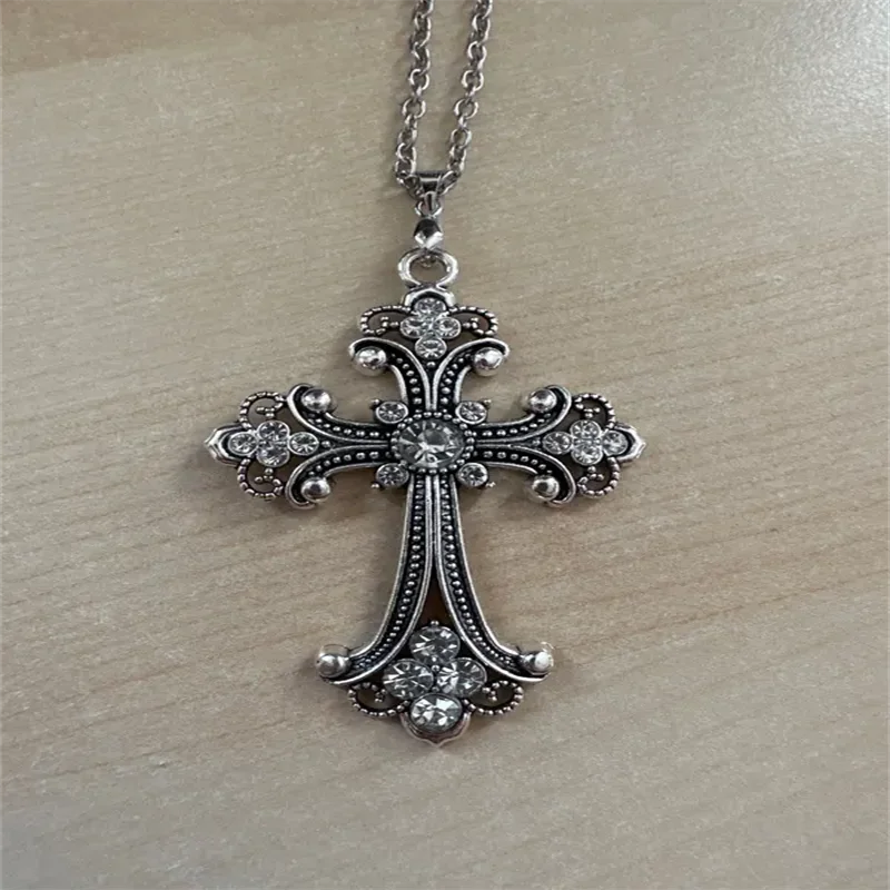 Large Detailed Rhinestone Cross Jewel Necklace Silver Color Tone Pendant  Goth Punk Jewellery Fashion Charm Statement Women Gift