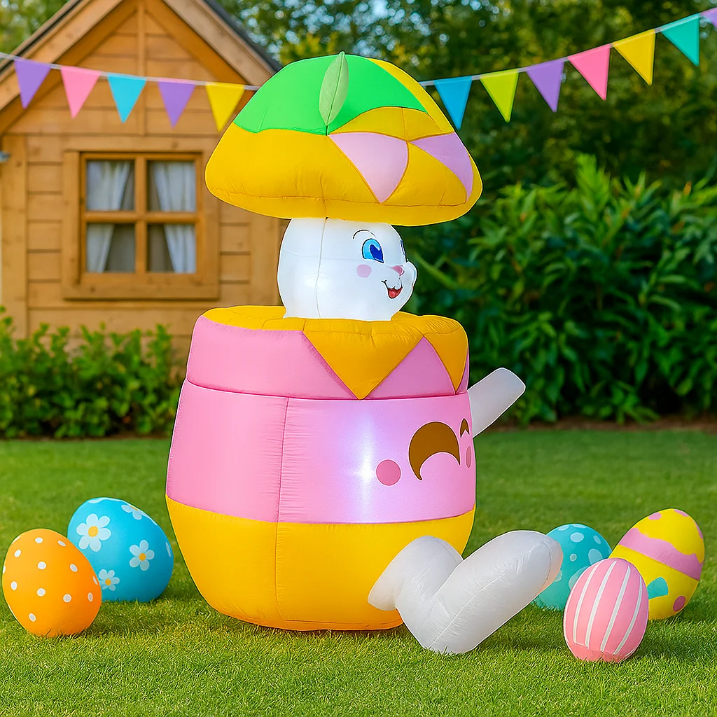 イースターインフレータブルおもちゃ 1.5M/5FT 卵の飾り付きバニー LEDライト付きイースターラビット ホリデーパーティー屋外装飾おもちゃ用