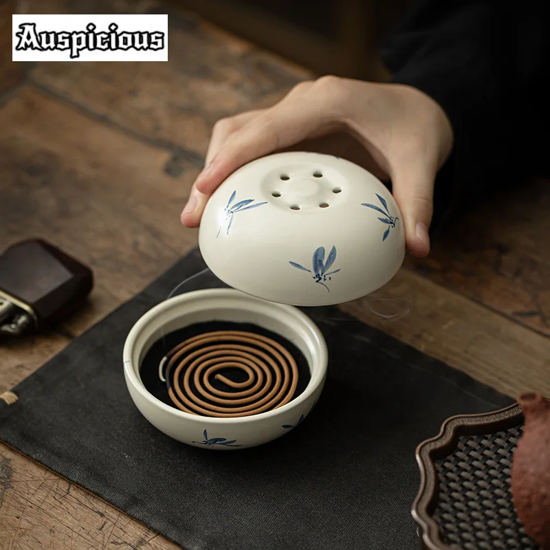 Japanese Grass Wood Grey Ceramic Plate Incense Holder Handmade Mist Smoking Steamers Smell Distributor Tableware Supplies Craft