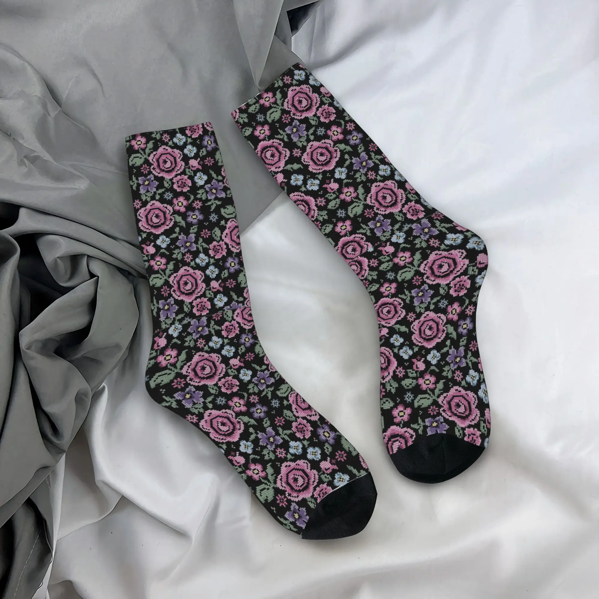 Unisex Men Socks Folk Flower Cross  Stockings Autumn Leisure Soft Socks Pattern Skateboard Anti Bacterial Socks
