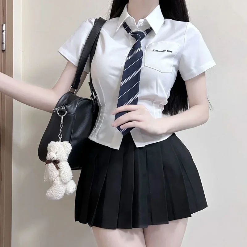 Jk Uniform Pure Desire Gyaru Preppy All-Match Waist Hugging Short sleeve Shirts Women Slim fit Slimming White Shirt Summer Set