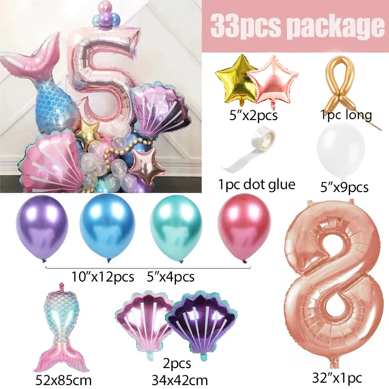 33-teiliges Ballon-Set mit Meerjungfrauenschwanz, Roségold, Zahlenfolienballon, Säulen-Set für Kindergeburtstag, Party-Dekoration, Meerjungfrau-Party, Globos – Detail 8