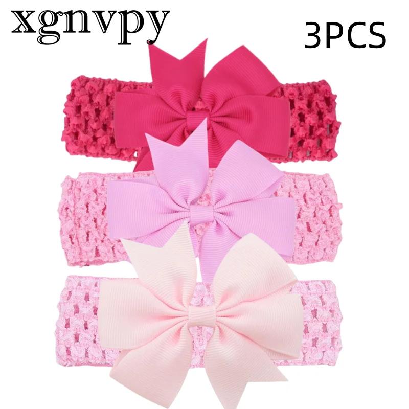 Xgnvpy-Handmade Dovetail Grosgrain Ribbon Arcos Headband infantil, Cor sólida, Crochet Elastic Hair Bandas, Baby Girl Headwear, 3pcs