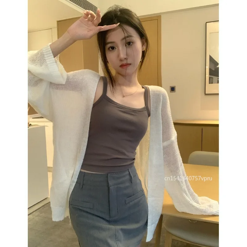 Summer Knitted Cardigan Cardigan lazy loose Hollow soild color long-sleeved air-conditioned shirt Cropped Cardigan