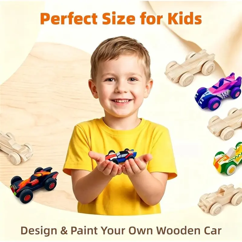 TKOH-DIY Arts And Crafts Kit For Kids- Wooden Car To Paint 6 Pcs Unfinished Wooden Vehicles Home Family Handicraft Projects