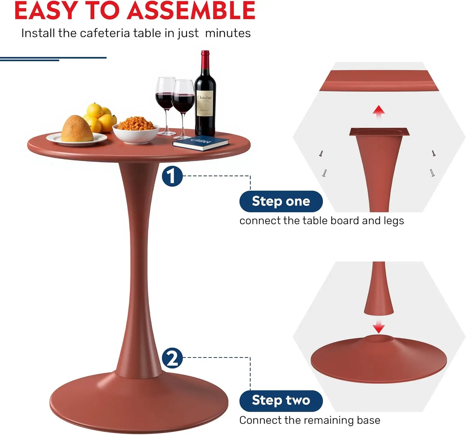 طاولة طعام صغيرة، طاولة خارجية مستديرة من البولي بروبيلين، طاولة شرفة مقاومة للطقس لسطح السباحة الخارجي والحديقة والفناء الخلفي، باللون الأحمر