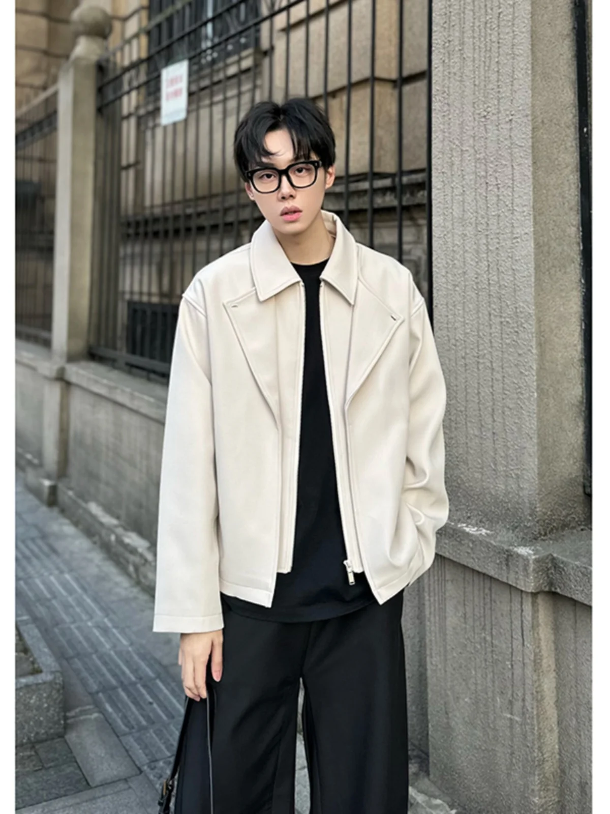 

Beige Spring Autumn Men's Jaet Fake Two-Piece Korean Sle Faionable Casual Long Sve Polyester Fiber Outerwear