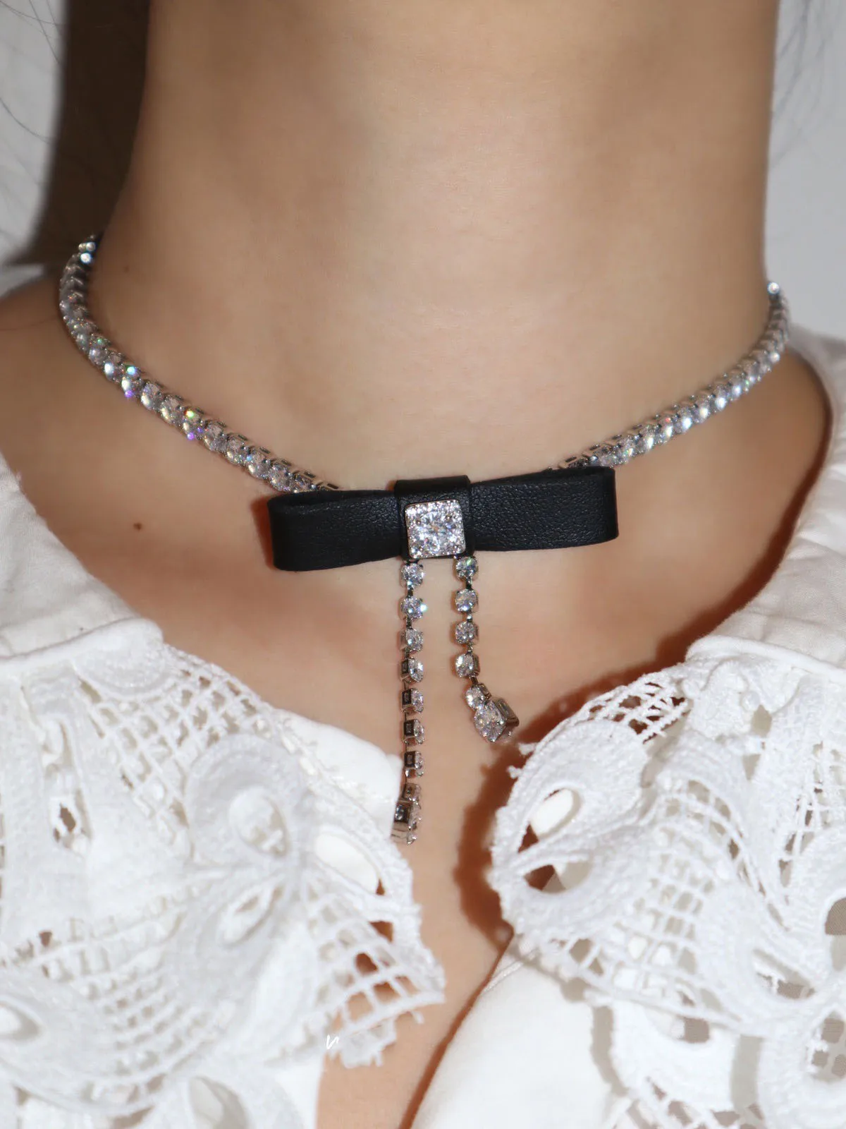 

Brass AAA Zircon Leather Knot Necklace Earrings Women Jewelry Punk Designer Runway Gown Boho Japan Korean