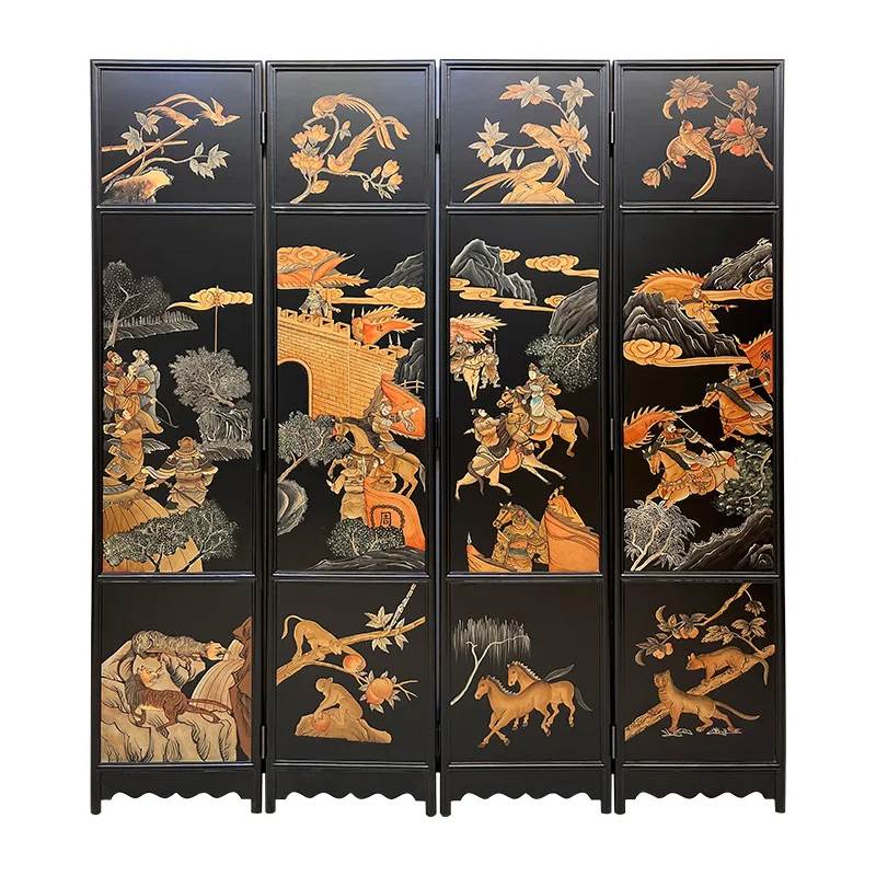 lacquer painting French Chinese style medieval screen living room partition solid wood folding screen bedroom