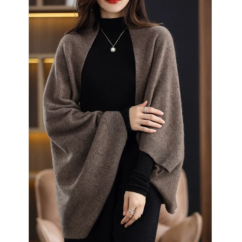 2023 Autumn Winter Women Elegant Fashion Oversize Shawl Knitted Cardigan Female Casual Solid Long Sleeve Soft Cloak Sweater Coat