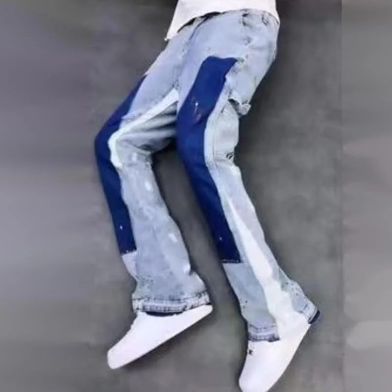 HKSH High Street Heavy Washed Vintage Ink Splash Color Block Deconstructed Flared Pants Asian Trendy Niche Stacked Jeans HK21146